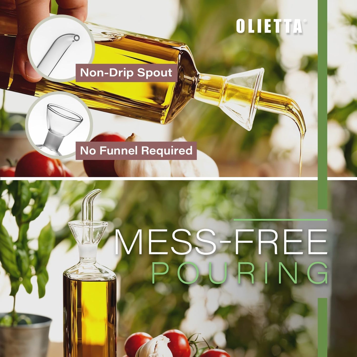 Olive Oil Dispenser Bottle Olietta Borosilicate Glass - 8.5 oz 250ml Non Drip Dispenser - Leak Proof Pourer Vinegar Drizzler Cruet - Easy Clean Drip Free Bottles for Kitchen