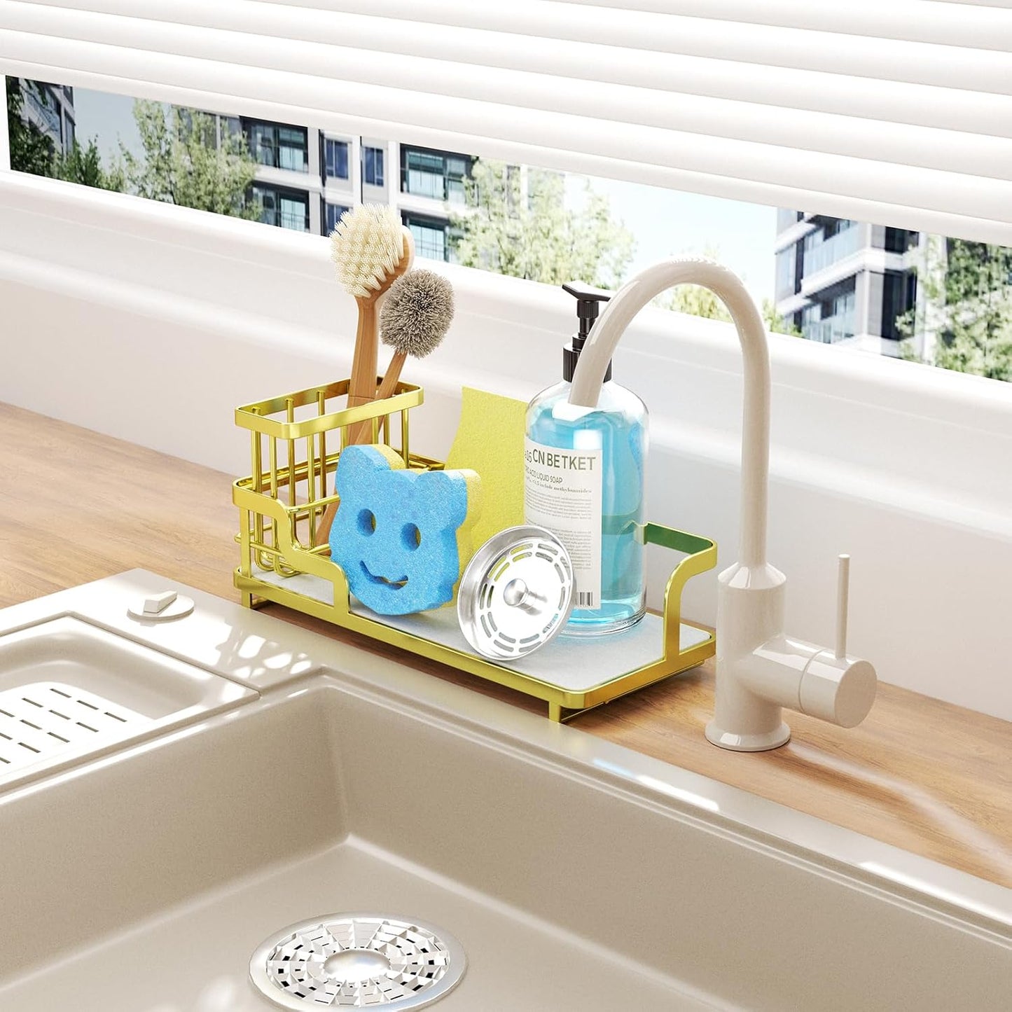 Consumest Sponge Holder for Kitchen Sink - Sink Caddy Organizer with Water Absorbing Stone Tray, Detachable Brush Holder, Stainless Steel Kitchen Counter Organizer Rack, Gold