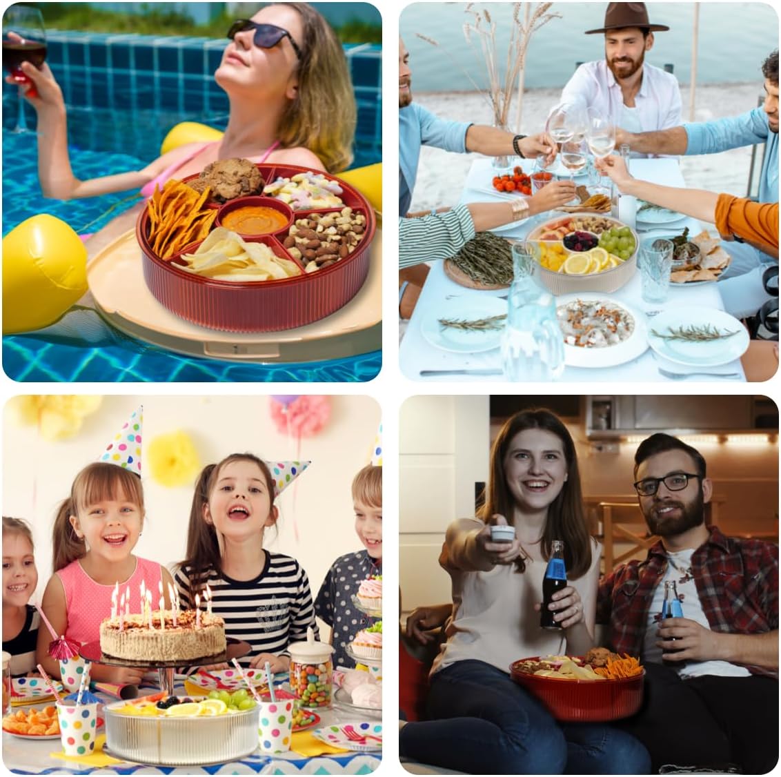 Snackle Box Container, Round Divided Serving Tray with lid 6parts (Red) for Veggie, Candy and Nuts Organizer, Snackle Charcuterie Boxes for Travel, Party and Picnic