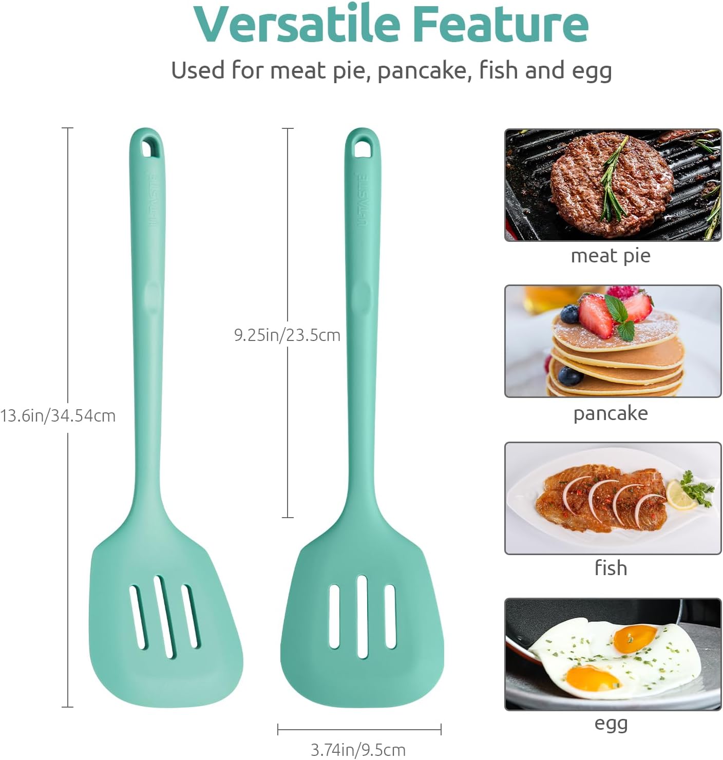 13.6" Slotted Silicone Turner: U-Taste 600ºF Heat Resistant Kitchen Spatula Flipper, Food Grade Flexible Wide Seamless Rubber Cooking Utensil for Egg, Omelette, Burger in Nonstick Cookware (Aqua Sky)