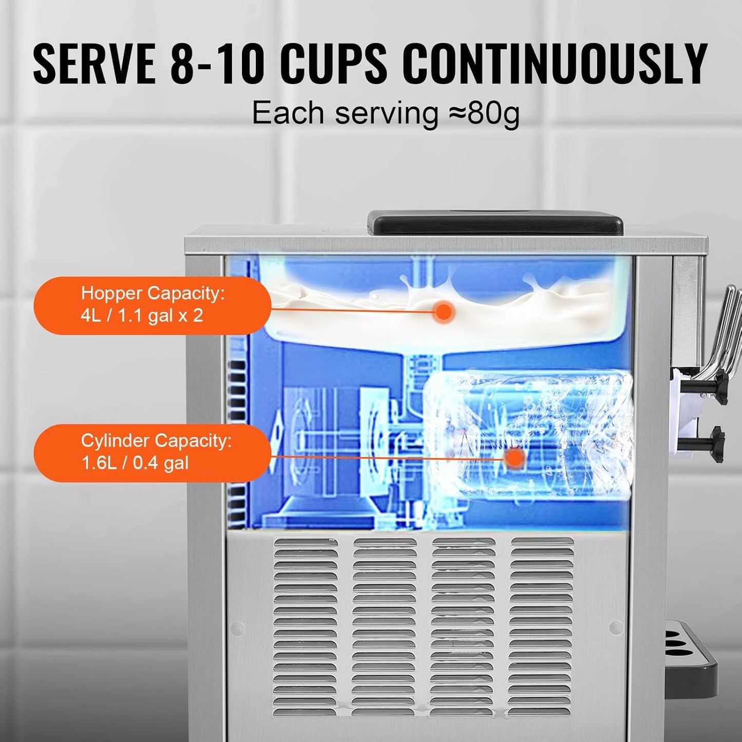 VEVOR Commercial Ice Cream Machine, 21 QT/H Yield, 1800W 3-Flavor Countertop Soft Serve Ice Cream Maker, 2 x 4L Hopper 2 x 1.8L Cylinder, LCD Panel Auto Clean Pre-cooling, for Restaurant Snack Bar