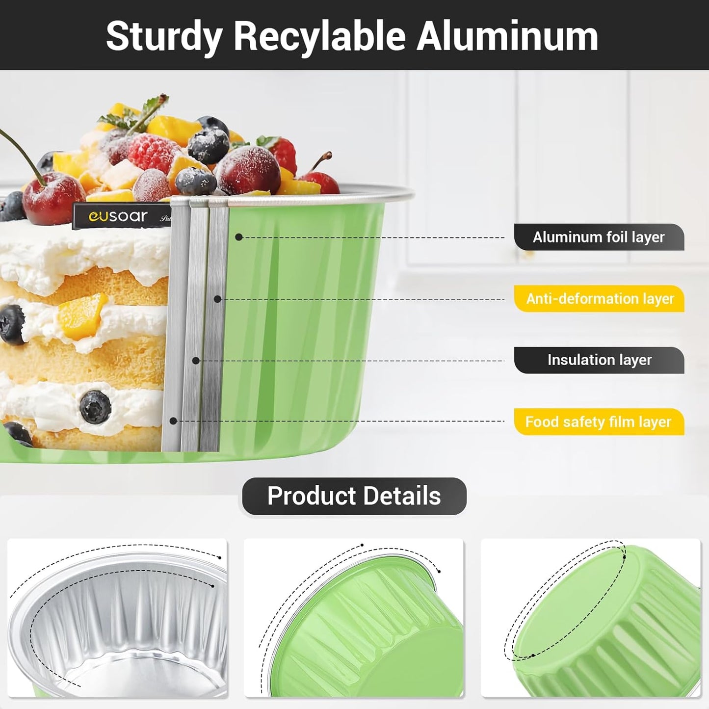 EUSOAR Baking Cups with Lids, 30pcs 5oz Disposable Aluminum Foil Muffin Liners Ramekins Cupcake Baking Cups, Disposable Foil Baking Cups Containers Mini Pie Pans for Creme Brulee or Cupcake-Green