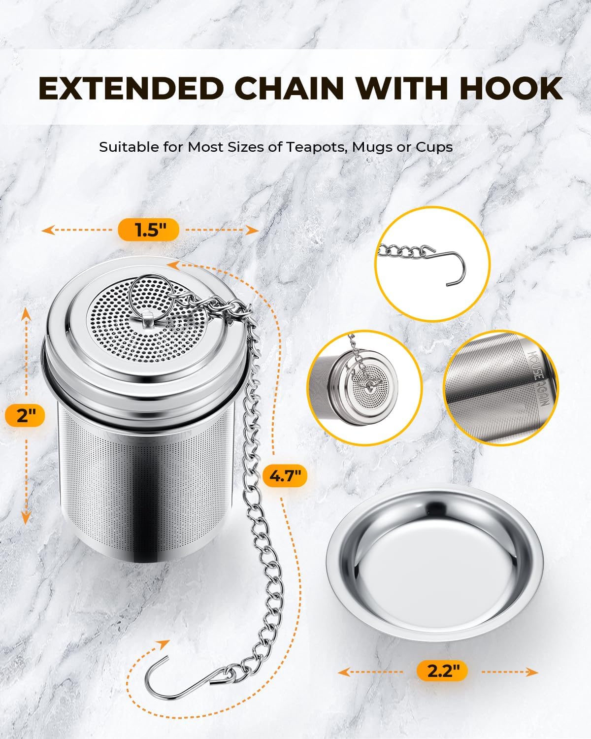 House Again Tea Infuser, Extra Fine Mesh Tea Strainers for Loose Tea, 18/8 Stainless Steel Tea Strainer with Extended Chain Hook, Tea Steeper for Brew Tea, Spices & Seasonings, for Single Cup