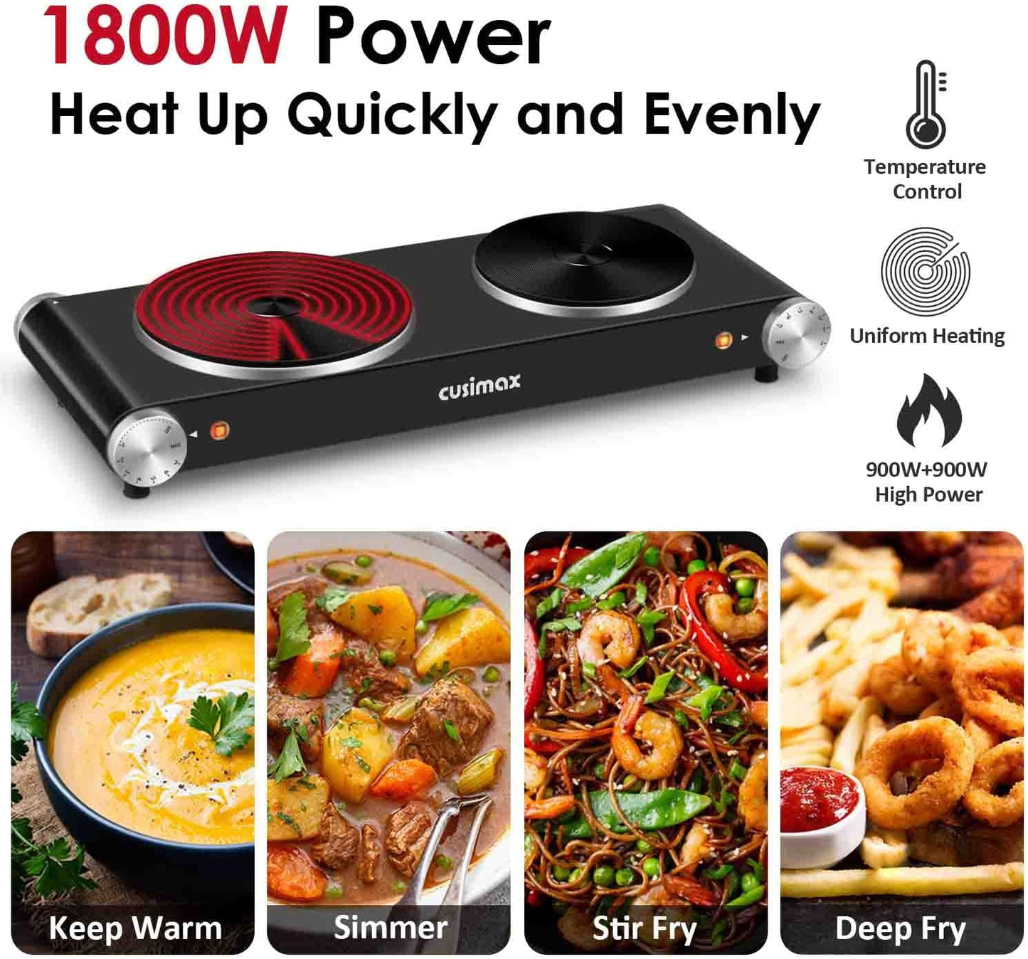 Cusimax Hot Plate for Cooking 1800W Portable Electric Double Burner Countertop Cooktop Cast Iron Stove Heating Plate with 7 Power Levels Adjustable Temp Control, Compatible for All Cookwares