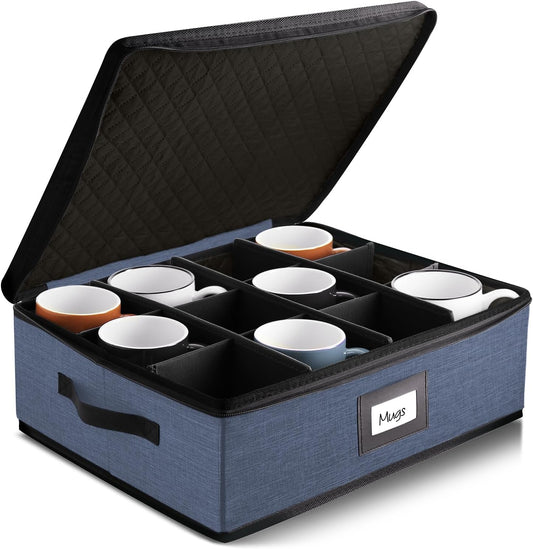 Hearth & Harbor Coffee Mug Storage, Quilted and Stackable Coffee Cup Storage Organizer for Service of 12, Mug Storage Box with Dividers, China Containers Hard Shell for Moving and Organization, Blue