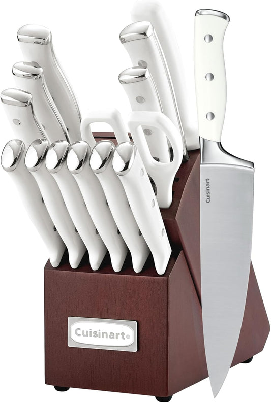 Cuisinart 15-Piece Knife Set with Block, High Carbon Stainless Steel, Forged Triple Rivet, White/Cherry C77WTR-15PCW