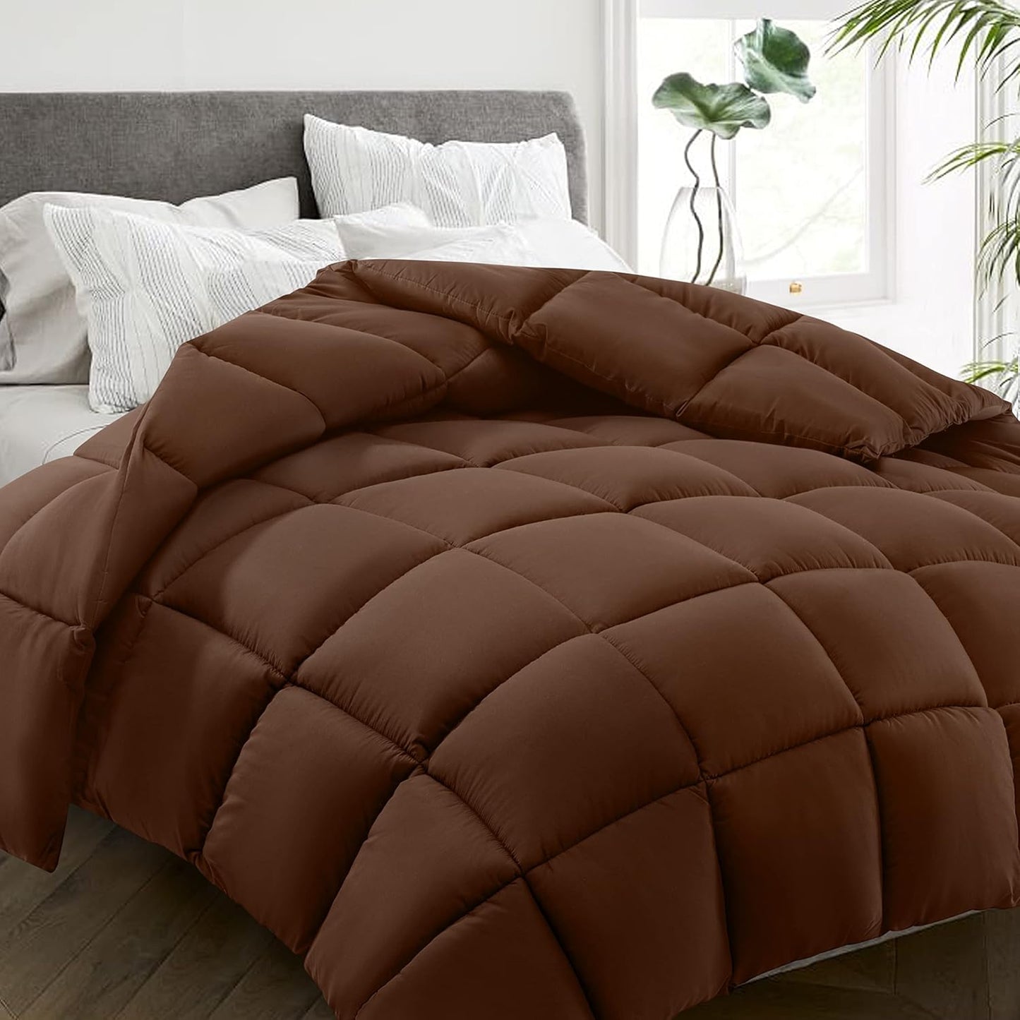 HYLEORY All Season California King Size Bed Comforter - Cooling Down Alternative Quilted Duvet Insert with Corner Tabs - Winter Warm - Machine Washable - Mocha Coffee,Cal King(96*104)
