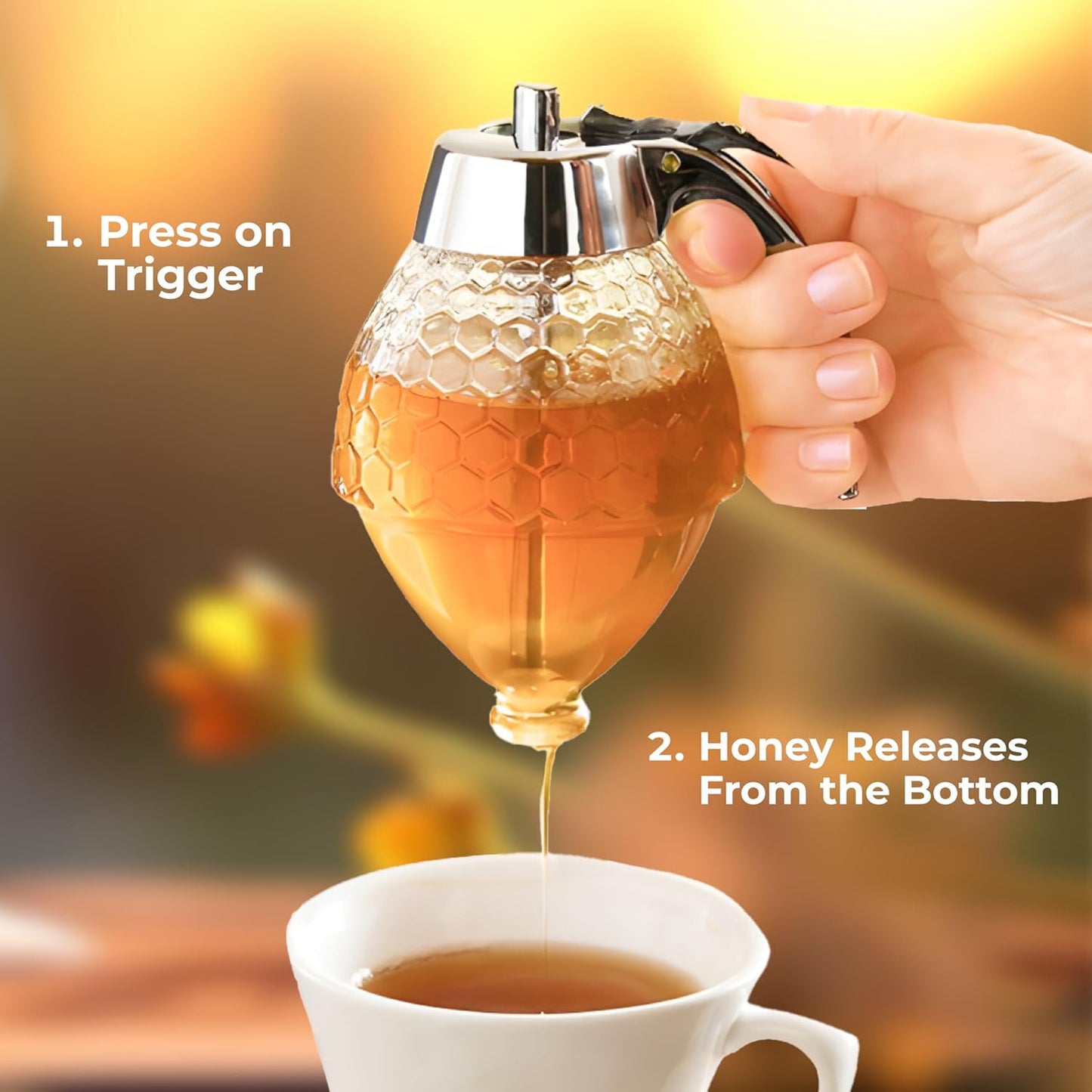 Hunnibi 8 oz Honey Syrup Dispenser No Drip - Coffee Syrup Dispenser with Stainless Steel Lid and Stand - No Mess Glass Honey Jar for Tea, Pancakes, Baking and Other Liquid Condiments - Easy to Refill