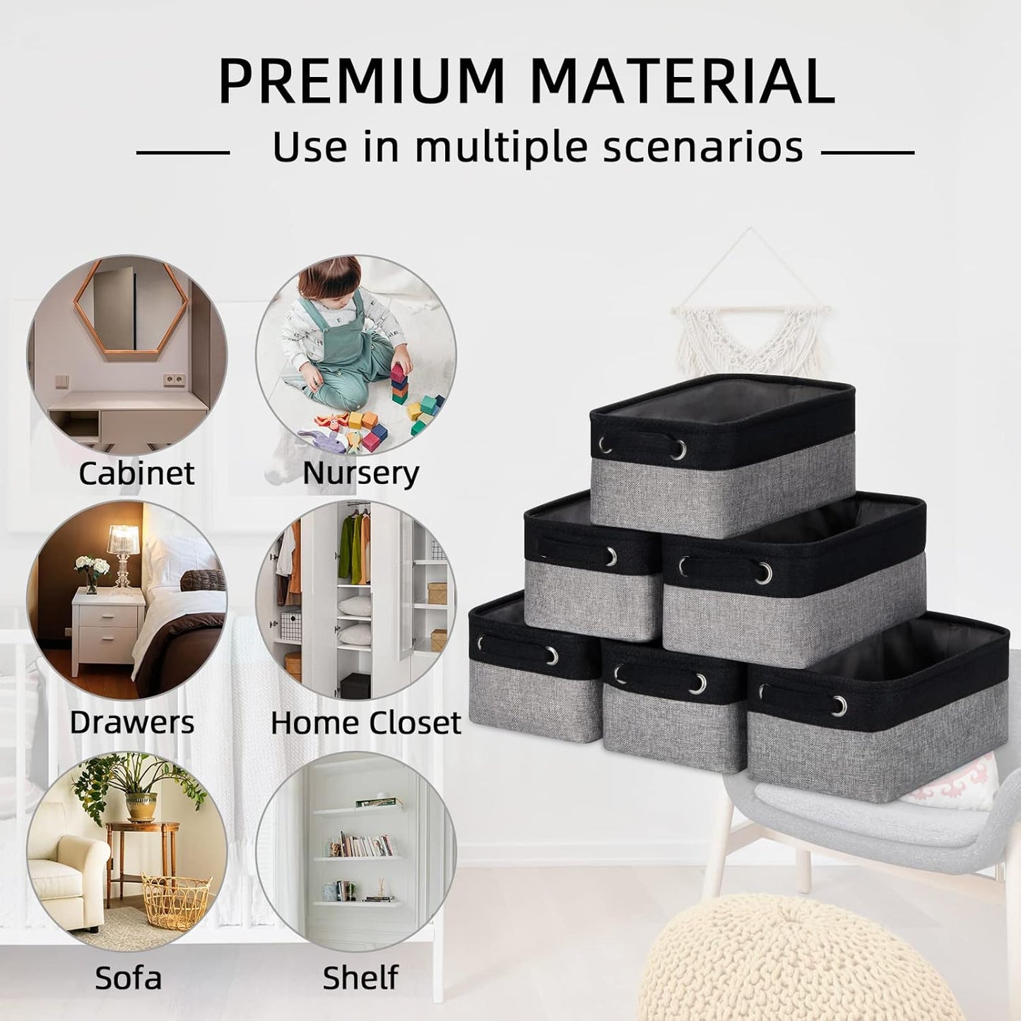 HNZIGE Storage Baskets for Storage Fabric Small Organizer Bins for Shelves,Collapsible Linen Baskets with Cloth Handles for Organizing Closet Nursery Home Shelves,Toy(Black&Gray,11.8" x 7.8" x 5.1")