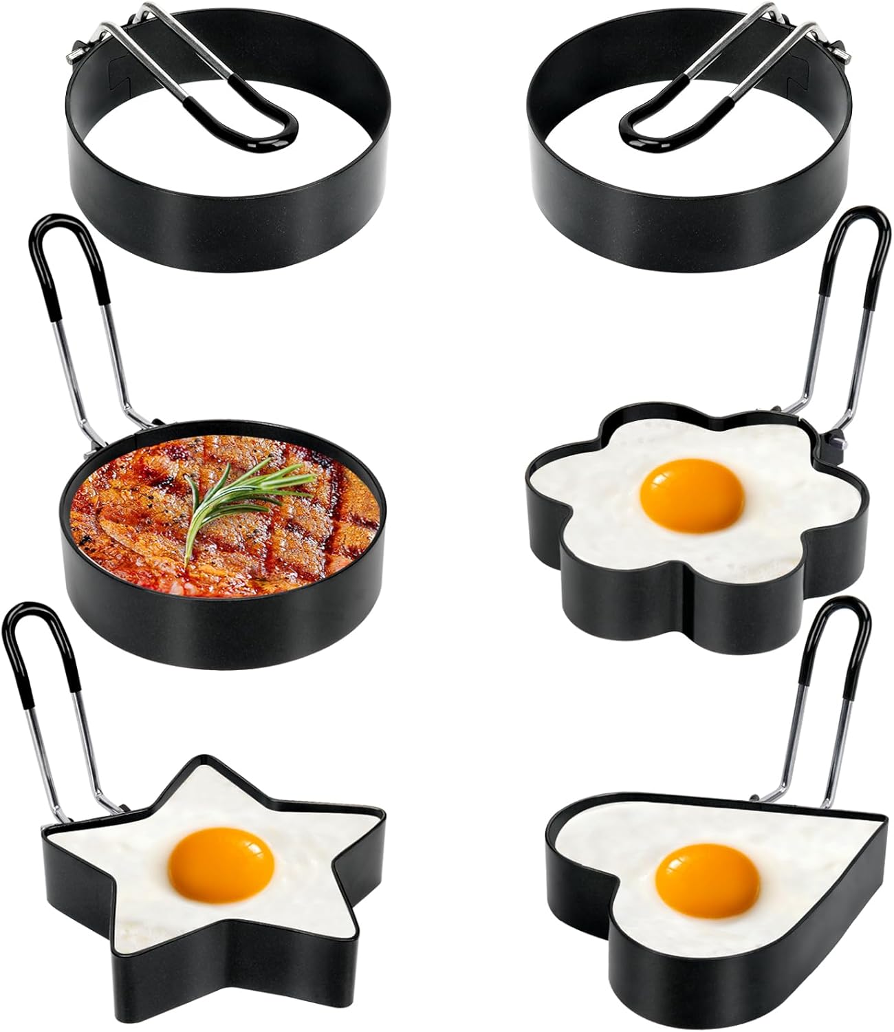 6 Pack Eggs Rings, Stainless Steel Egg Cooking Rings, Round Pancake Mold for Frying Eggs, Omelet and Muffins, Non-stick Fried Egg Mold Ring with Oil Brush and Slotted Spatula, 4 Shapes