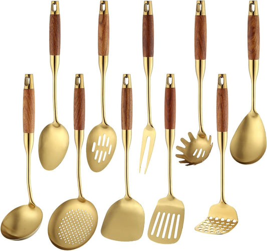 Stainless Steel Kitchen Utensils Set with Wood Handle, 18/10 Metal Cooking Utensils Set, 10-Piece - Spatula, Spoon, Ladle, Skimmer, Slotted Turners, Pasta Server, Fork, Masher(Dishwasher Safe)