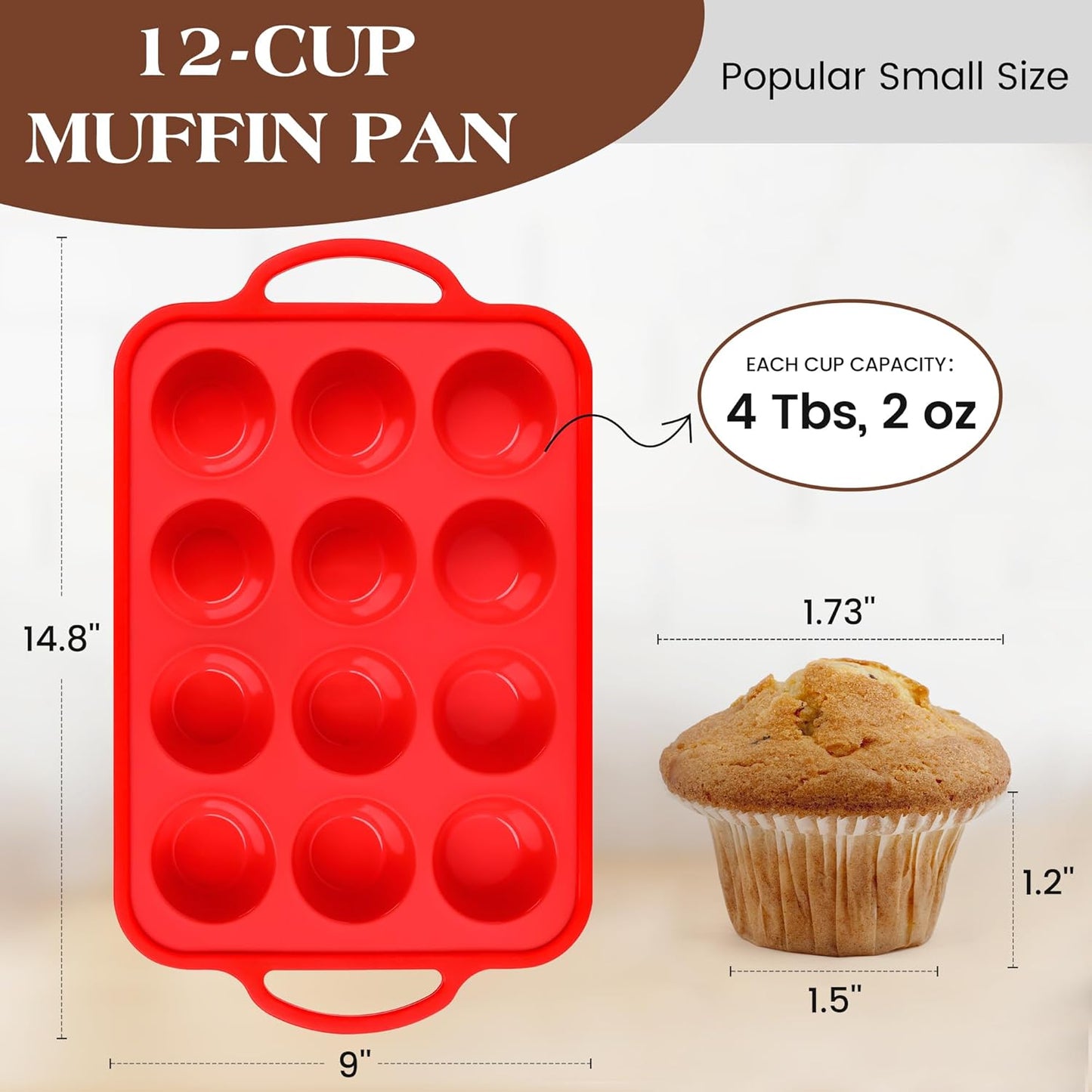 Silicone Muffin Pan for Baking 12 Cup Nonstick Cupcake Pan Small Silicone Cupcake Mold with Metal Reinforced Frame BPA Free (1 Pc, Red)