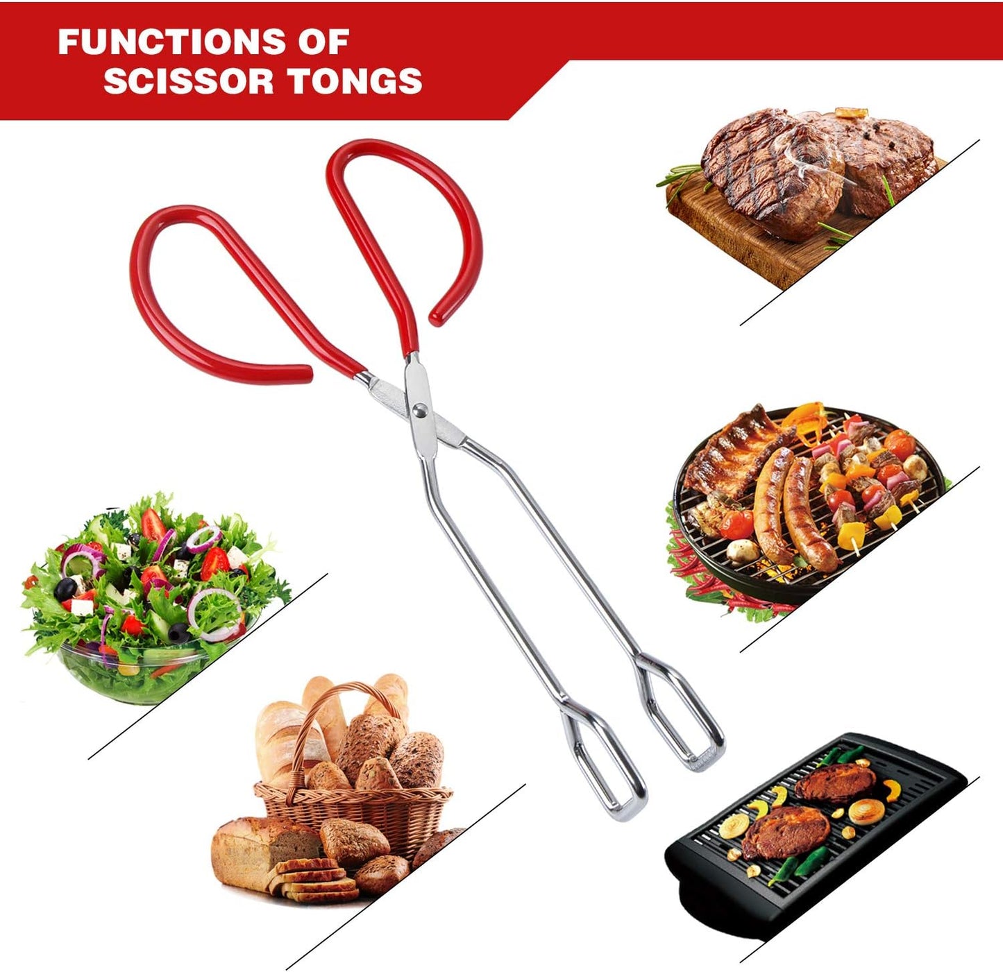 MSY BIGSUNNY Stainless Steel Scissor Tongs Heavy Duty Cooking Tongs with Soft Handles (1, red 10")