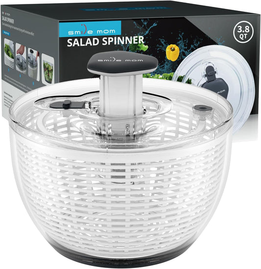 Smile mom Salad Spinner Small Lettuce Spinner Kitchen Gadgets Vegetable Washer, High Efficiency for Home Kitchen Washing & Drying Leafy Vegetables, One-Handed Handle Easy Press 3.8 Qt White
