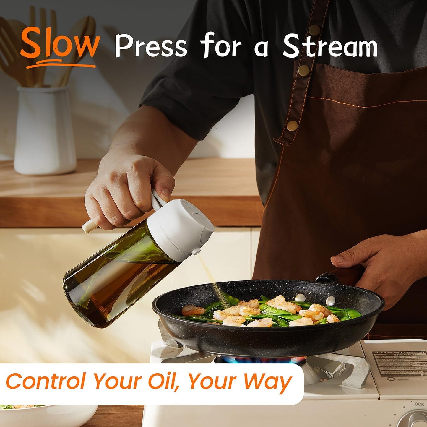 TrendPlain - Original 16oz/470ml Olive Oil Dispenser Bottle for Kitchen Gadgets and Air Fryer Accessories - Olive Oil Sprayer for Cooking w/Stickers - White