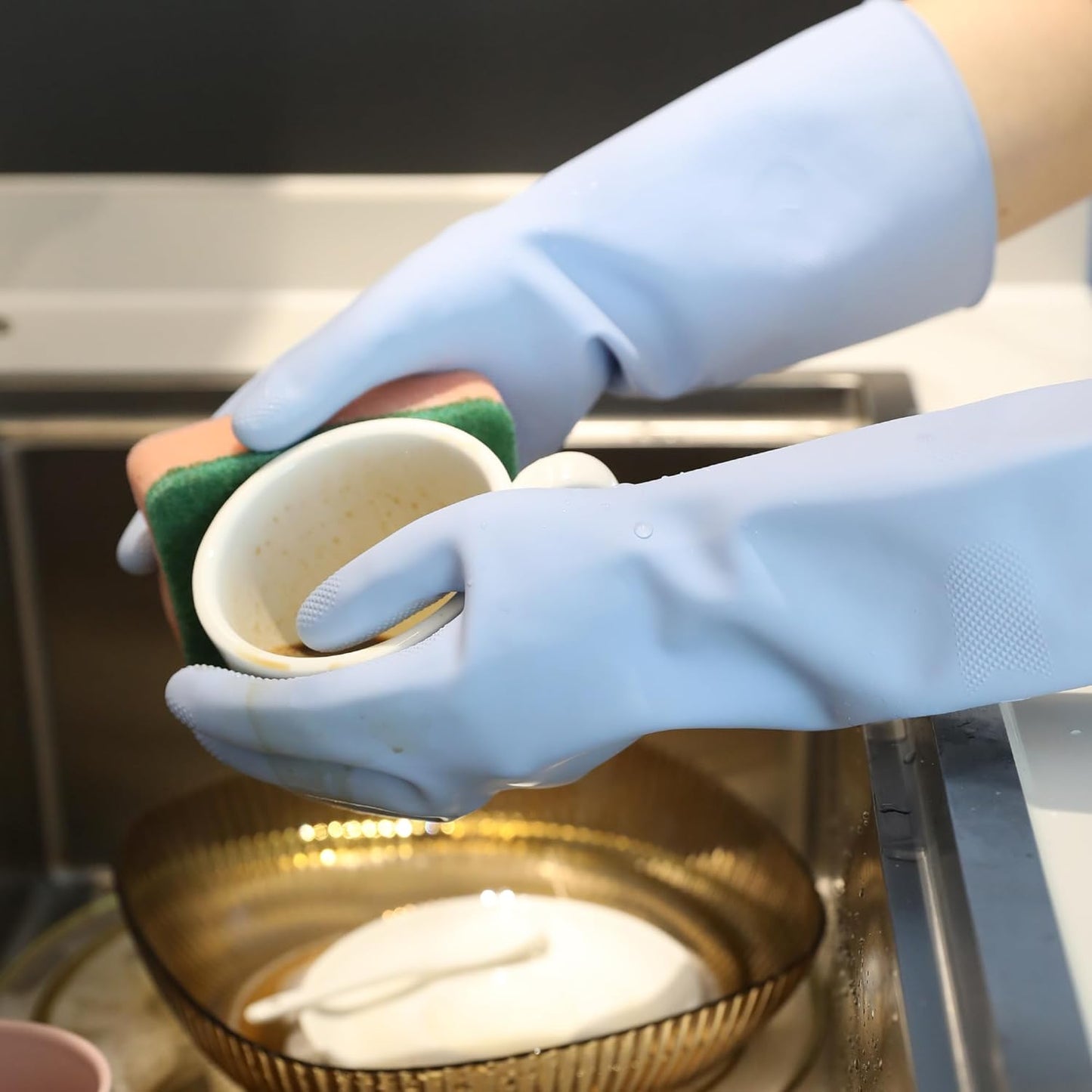 COOLJOB 2 Pairs Thickened Rubber Gloves with Cotton Lining & Non-slip Grip, Colorful Household Long Lasting Dishwashing Gloves for Kitchen & Bathroom Cleaning, Orange & Blue, Small