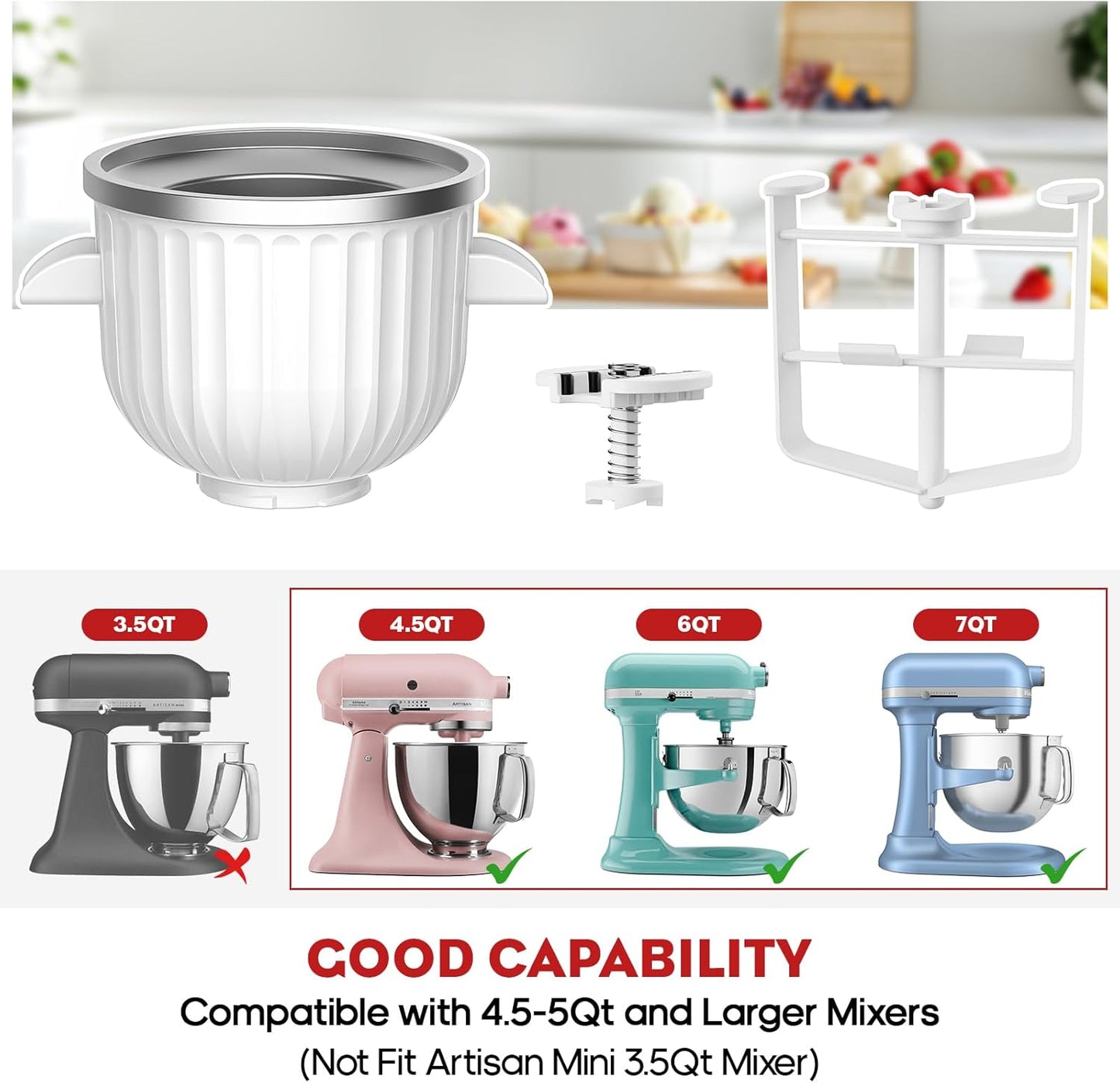 Ice Cream Maker Attachment for Kitchenaid Stand Mixers, Compatible with 4.5Qt to 7Qt for Kitchenaid Mixers, 2-Quart Capacity, Sorbet Gelato & Ice Cream Maker for Kitchenaid Mixer Attachments, White