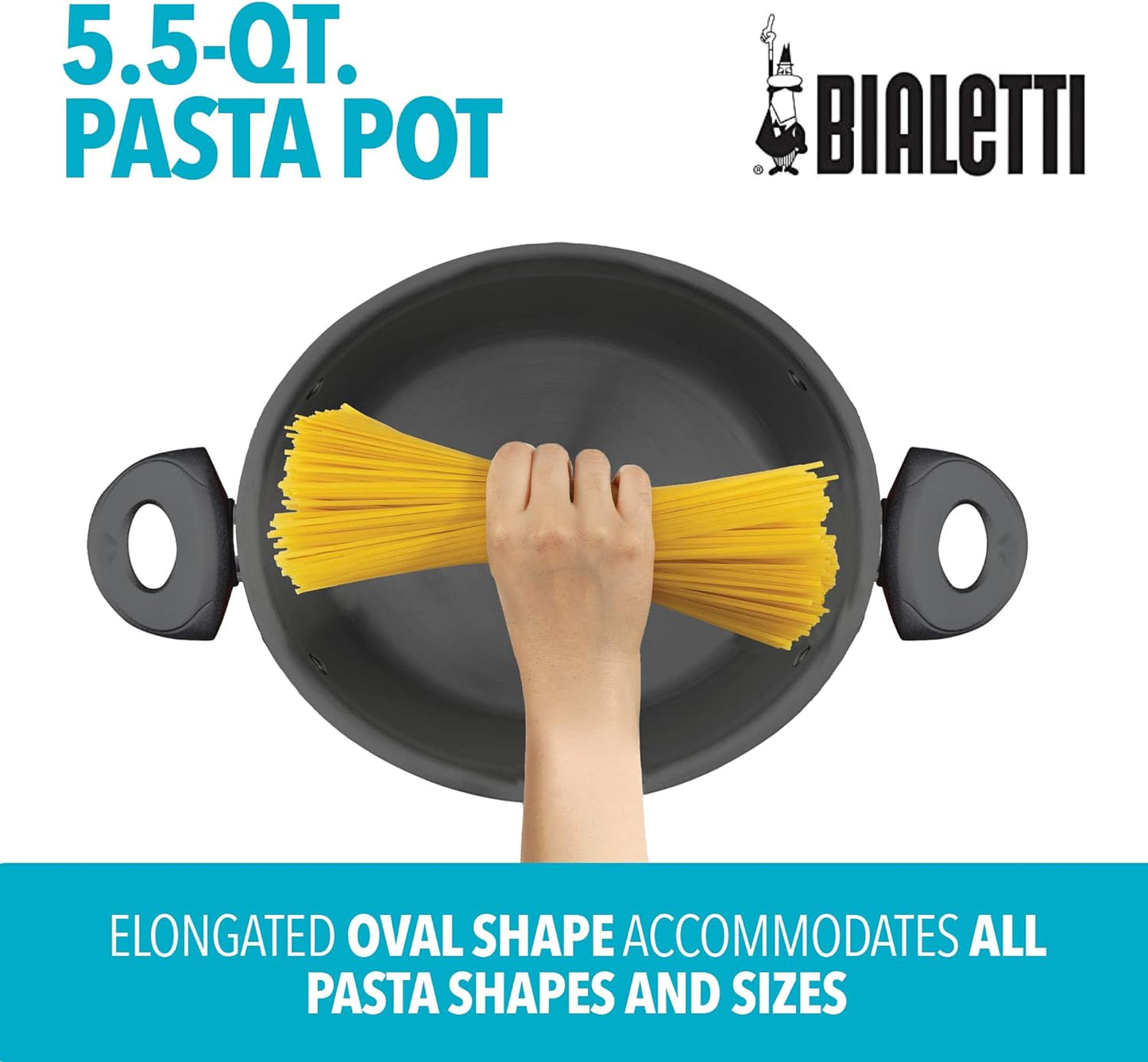Bialetti 5.5-Quart Nonstick Aluminum Pasta Pot with Strainer Lid and Handles, PFOA-Free Nonstick Oval Cooking Pot and Lid, Black