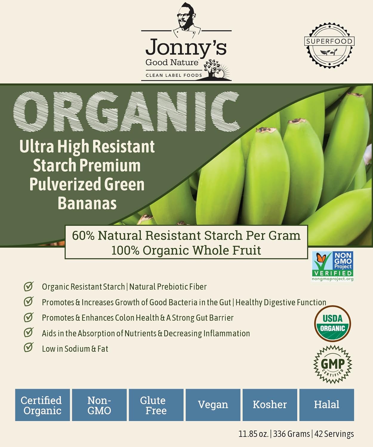 Jonnys Good Nature Organic Ultra High Resistant Starch Premium Green Banana Flour | On Average [10x's] More Prebiotic Fiber Per Gram Than Other Green Banana Flours On The Market | 42 Servings