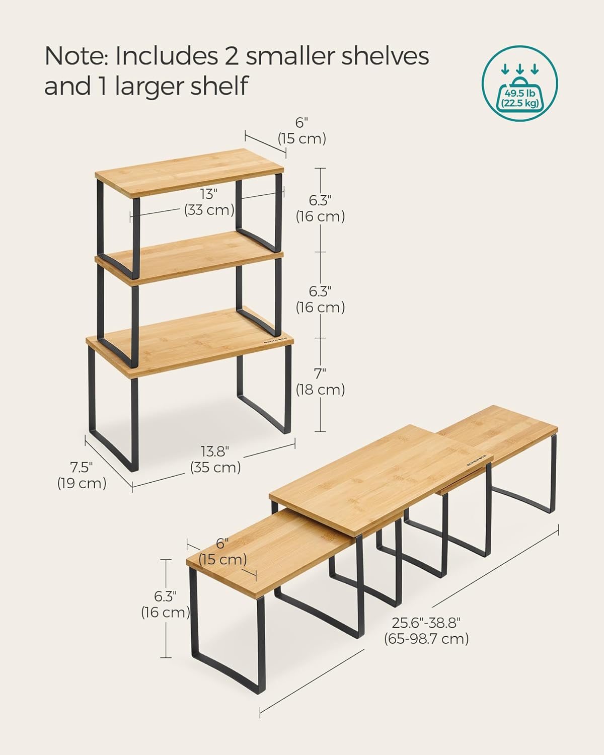 SONGMICS Cabinet Organizer Shelf, Set of 3 Kitchen Counter Shelves, Kitchen Storage, Spice Rack, Stackable, Expandable, Ink Black and Natural Beige UKCS014B01