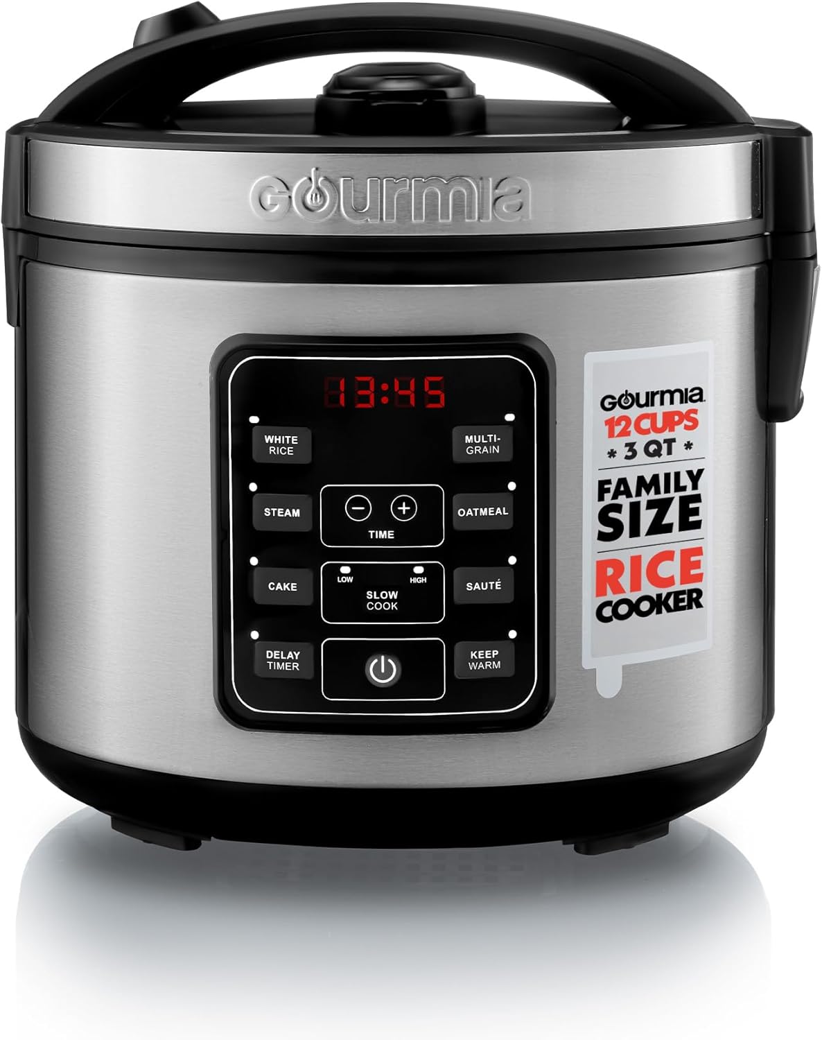 Gourmia Rice Cooker – 3 Qt Capacity, 12 Cup Cooked, 6 Cup Uncooked, Digital Controls, Grain Cooker & Steamer, Built-In Steamer Basket, Nonstick Ceramic Pot, Delay Timer, Keep Warm, Stainless Steel