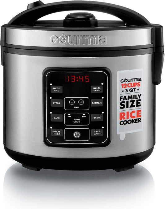 Gourmia Rice Cooker – 3 Qt Capacity, 12 Cup Cooked, 6 Cup Uncooked, Digital Controls, Grain Cooker & Steamer, Built-In Steamer Basket, Nonstick Ceramic Pot, Delay Timer, Keep Warm, Stainless Steel