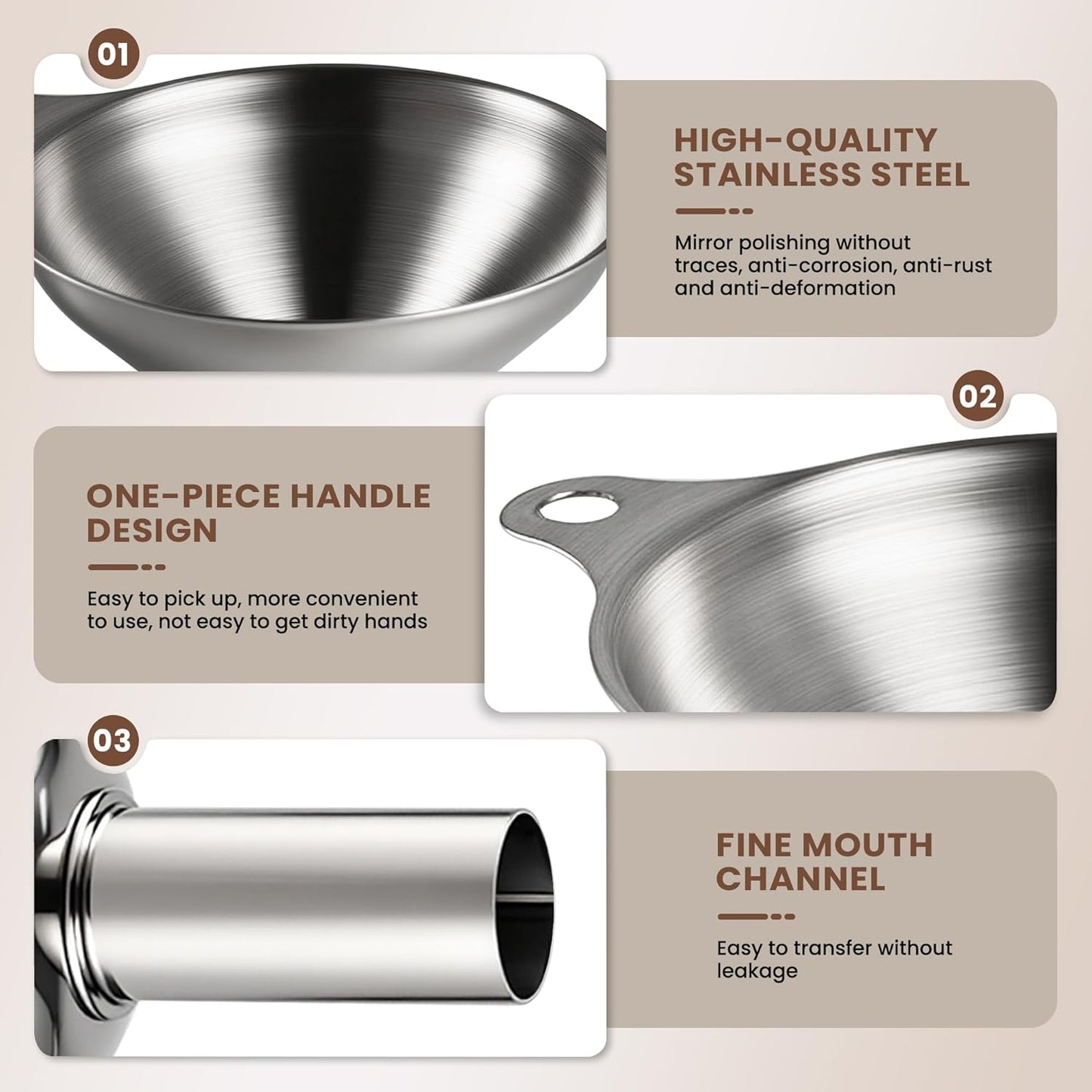 Supercenter Kitchen Funnel, Stainless Steel Mini Funnel, Set of 3, Perfect for Transferring Liquids, Oils, Powders, Spices, with Round Ring and Cleaning Brush