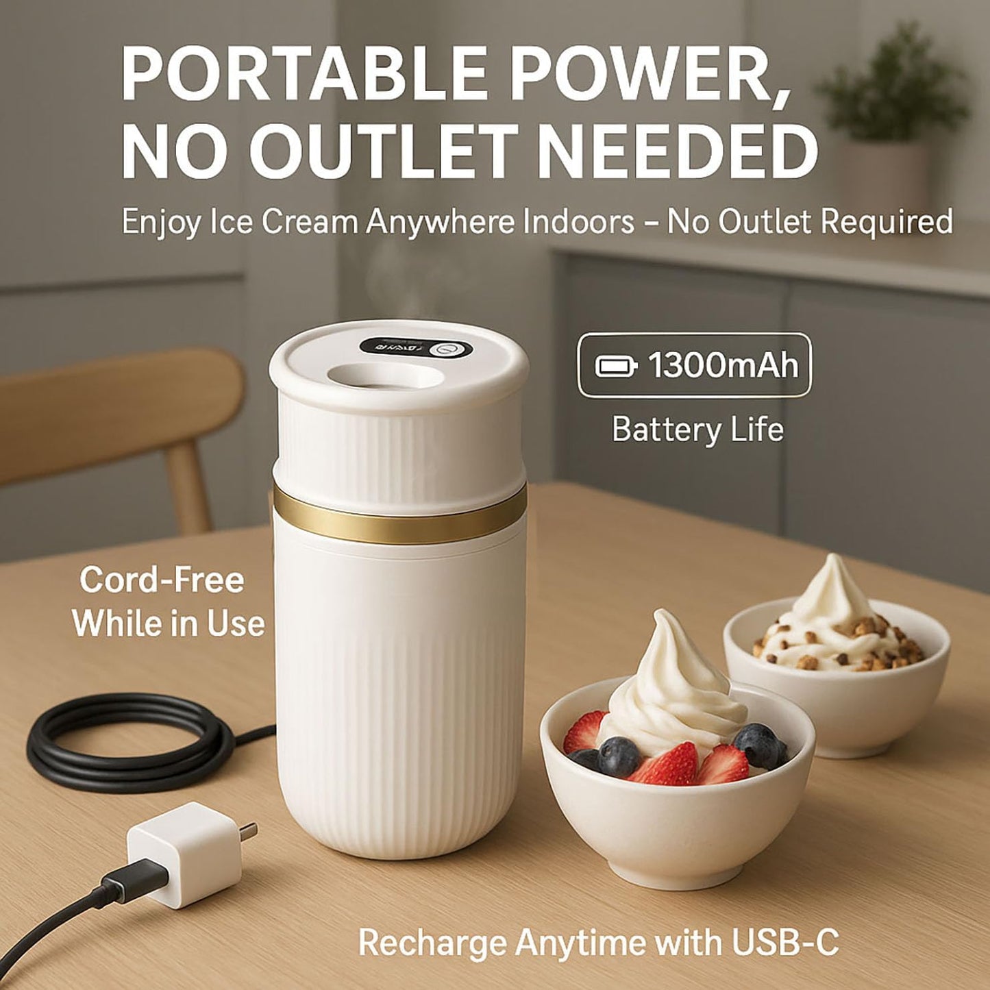 Rechargeable Electric 0.4 Quart Ice Cream Maker S500, Frozen Yogurt, Sorbet & Gelato Maker Machine, Homemade Dessert Maker Machine for 1–2 Servings in in 15-30 Minutes (Gold, 0.4 Quart)