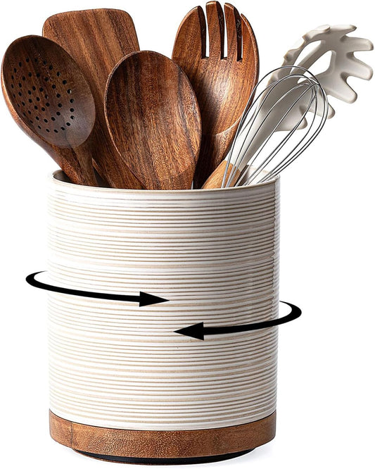 Utensil Holder, 360° Rotating Extra Large Ceramic Kitchen Utensil Holder for Countertop, 7.3“ Cooking Utensil Crocks for Kitchen Counter with Rotatable Wooden Base, Farmhouse Decor, Arctic White