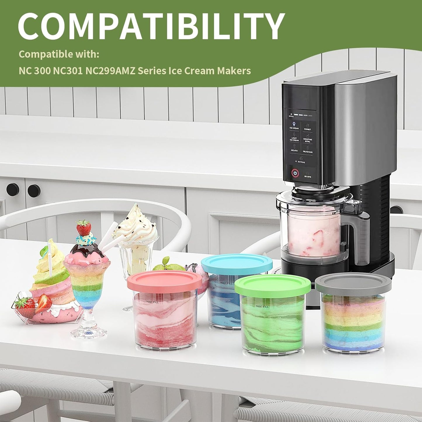 Containers Replacement for Ninja Creami Pints and Lids - 4 Pack,16oz Ice Creamy Containers Cups Jars Canisters Set Compatible with NC299AMZ & NC300s Series Ice Cream Maker- 4 Pack Pink Grey Blue