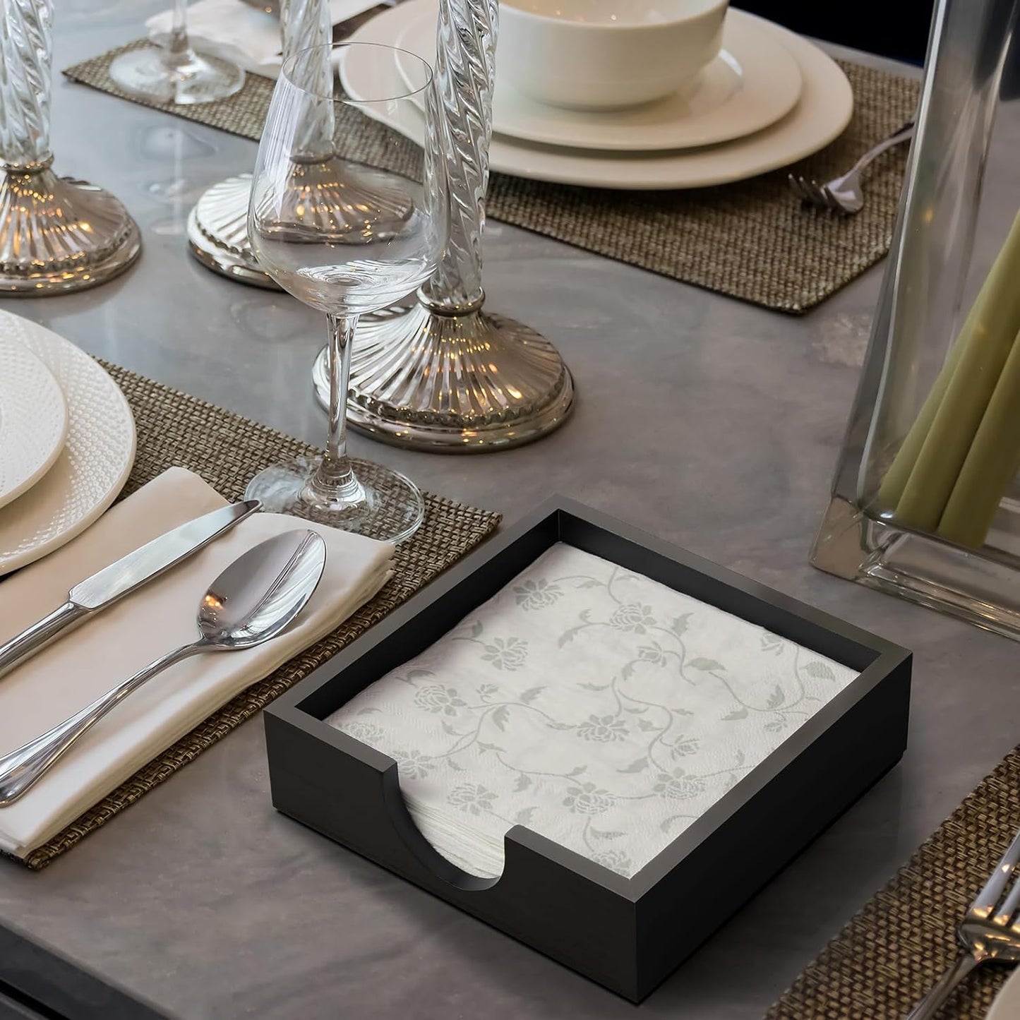 Napkin Holder for Table, Wooden Napkins Holders For Paper Napkins, Flat Napkin Holder for Luncheon, Napkin Holders for Kitchen Dinner Table Decor, Napkin Dispenser for Indoor & Outdoor Use, Black