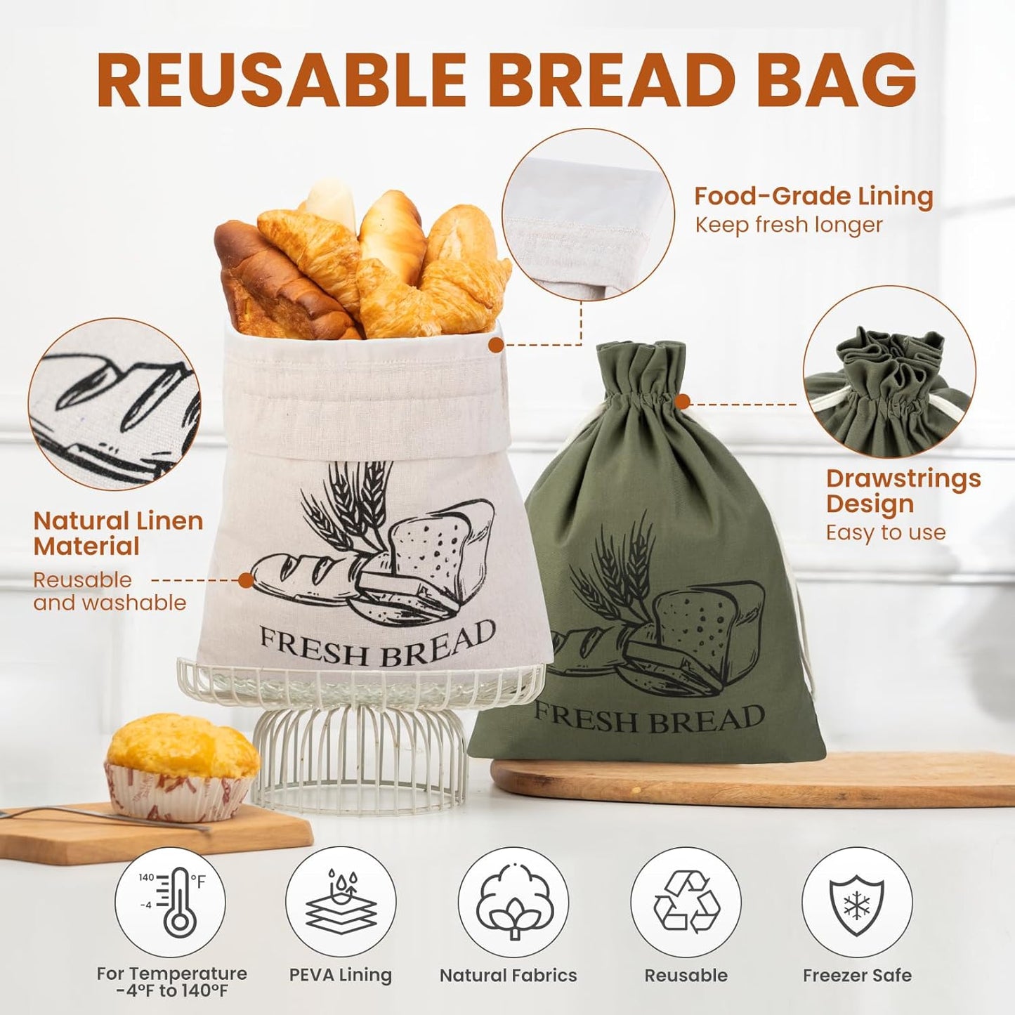 TomCare Larger Bread Box and 2 Pack Linen Bread Bags and 25 Pack Thicker Paper Bread Bags With Tin Ties for Homemade Sourdough Bread Food Storage Container Baking Supplies for kitchen Countertop