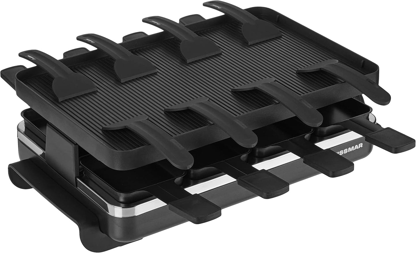 Swissmar Classic 8-Person Raclette Party Grill with Reversible Cast Aluminum Non-Stick Grill Plate/Crepe Top, Indoor Electric Raclette Grill & Griller - Black Grill Plate - Black