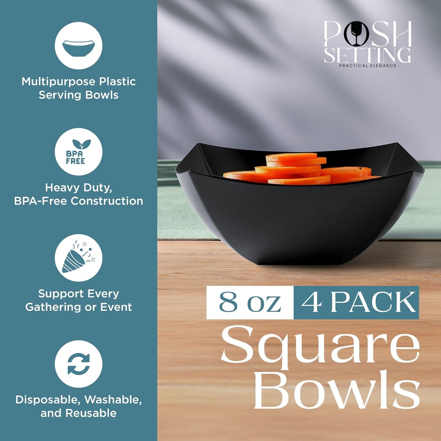 Posh Setting - Black Plastic Serving Bowls for Party (8oz - 4 Pack) Square Bowls, Disposable Chip Bowls, Candy Bowls for Party Table, Salad & Fruit Bowls for Party, Candy Containers for Candy Buffet