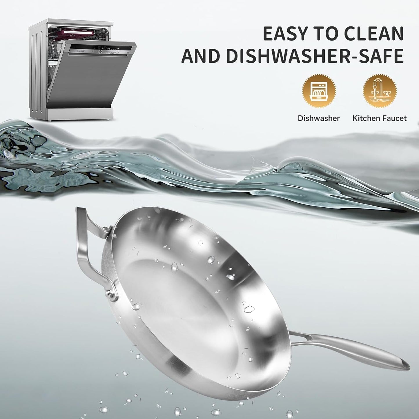 LOLYKITCH 14 Inch Tri-ply Stainless Steel Frying Pan with Lid and Helper Handle,Large Skillet,Induction Chef's Cooking Pan,Oven Safe and Detachable Handle