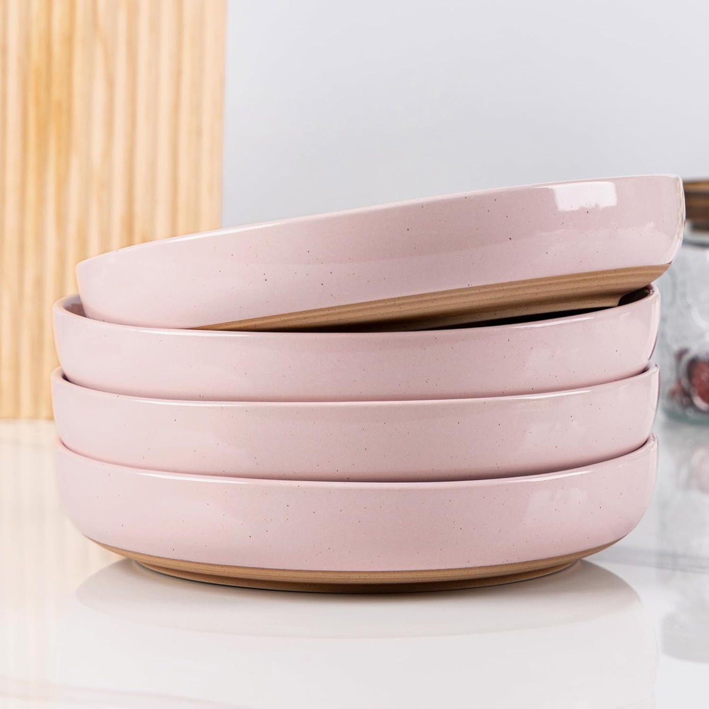 AmorArc 8.75'' Large Ceramic Pasta Bowls, 36oz Handpainted Stoneware Bowls Set of 4, Microwave&Dishwasher Safe Bowls with Rustic Terracotta Underside for Pasta Salad, Cloud Pink