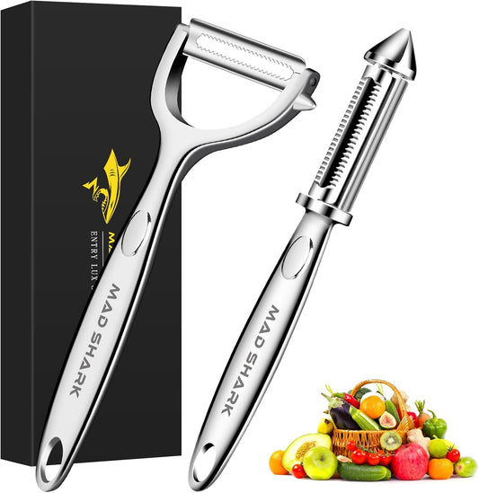 MAD SHARK Ultra Sharp Vegetable Peelers for Kitchen Fruit Apple Potato Peelers,Design with Ergonomic Non-Slip Handle, Y+I Shaped Stainless Steel Serrated(2pc）