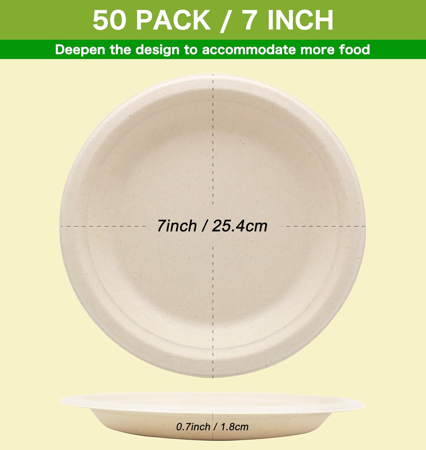 BLUE TOP 100% Compostable Disposable Paper Plates Heavy Duty Waterproof Plates-50 Pack 7 inch Eco-Friendly Plates, Natural Biodegradable Sugarca Bagasse Dinner Plates Unbleached Brown