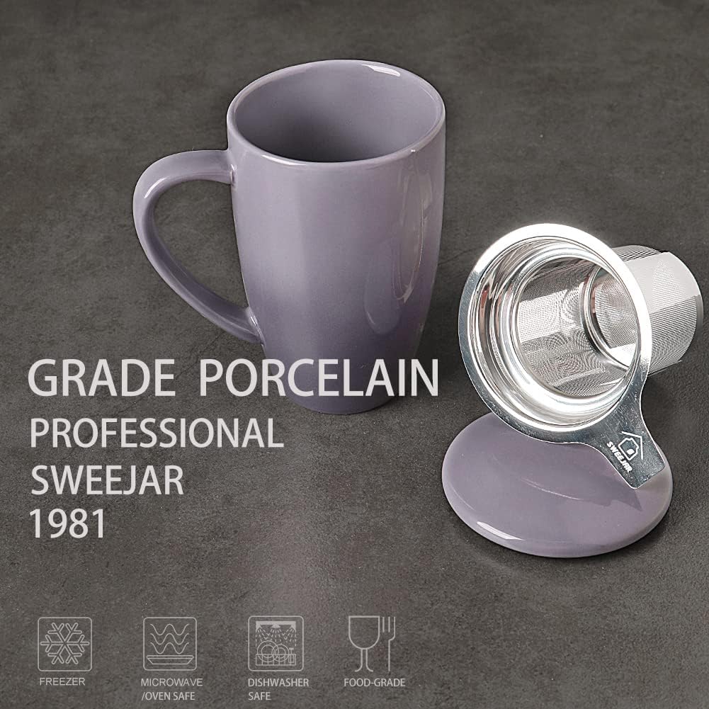 Sweejar Porcelain Tea Infuser Mug with Lid, 16 oz Teacup with Strainers for Loose Leaf Tea, Microwave and Dishwasher Safe Coffee Mug(Gradient Purple)