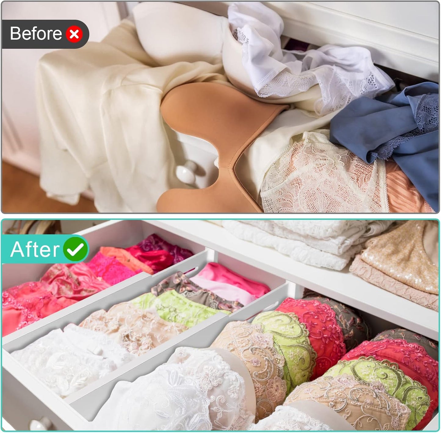 4 Pack Bamboo Drawer Dividers, Adjustable Length from 12 Inch to 17 Inch, Expandable Kitchen Drawer Organizer, Drawer Organization Separators for Clothes, Kitchen, Bedroom, Dresser, Office (White)