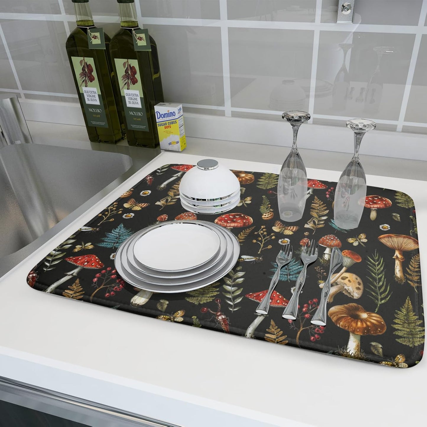 Natural Botanical Dish Drying Mat Mushroom Fern Leaves Berry Drainer Mat Black Drying Pad for Countertop 18 X 24 Inch