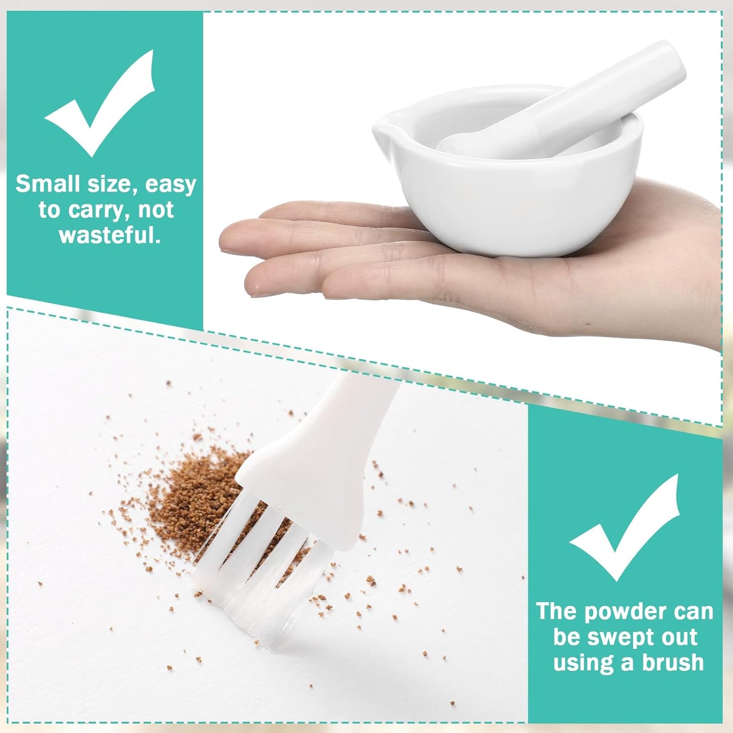 2 Sets Mini Porcelain Mortar and Pestle Set Porcelain Herb Grinder Crusher Grinding Bowl Kitchen Mixing Grinding Bowl with 2 Pieces Brushes for Seasonings, Sesame, Herbs, Medicine (80 mm)