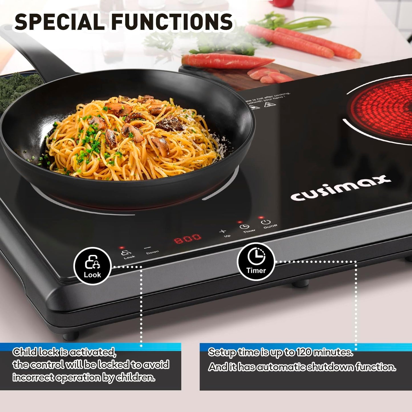 Electric Stove,Cusimax Electric Hot Plate for Home,9 Temperature and 1800w Power Level,Double Infrared Burner with Sensor Touch,Kids Safety Lock,Timer,Ceramic Countertop Stove