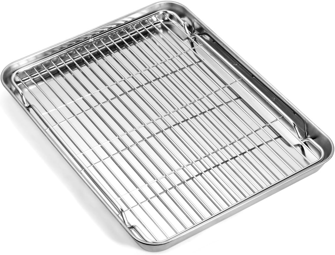 Baking Sheet with Wire Rack Set, Stainless Steel Cookie Sheet Baking Pan Toaster Oven Tray with Cooling Rack, 12.4 x 10 x 1 Inch Quarter Sheet Pan - Non Toxic & Dishwasher Safe