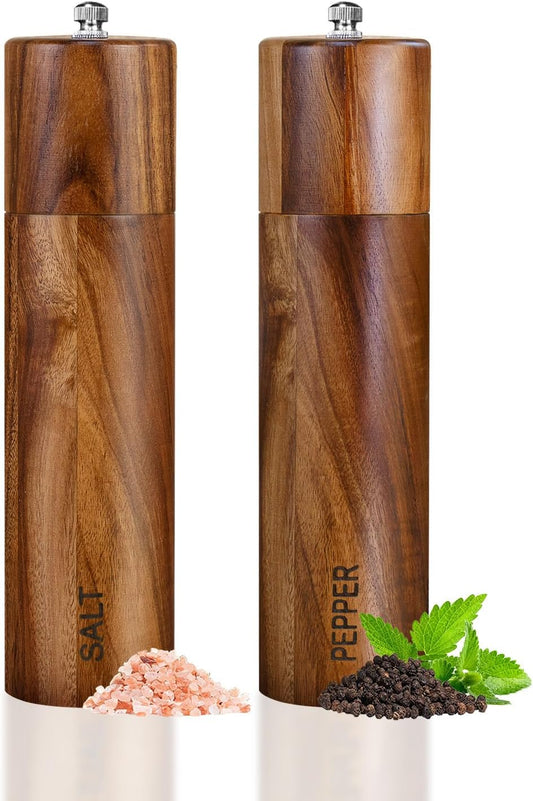 2 Pack Acacia Wooden Salt and Pepper Grinder Set 8 Inches Refillable Salt and Pepper Mills Adjustable Coarseness, Acacia Wood with Ceramic Core Peppercorn Shaker Tableware Birthday Gifts