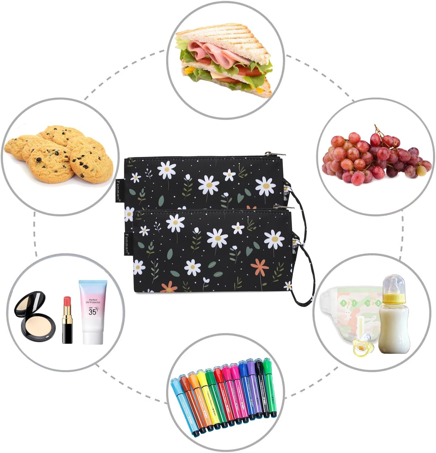 Reusable Sandwich Bag/Snack Bag for Kids & Adults, Dual Layer Lunch Bag with Handle, Washable, Food Safe, BPA Free (2-Pack, Daisy)