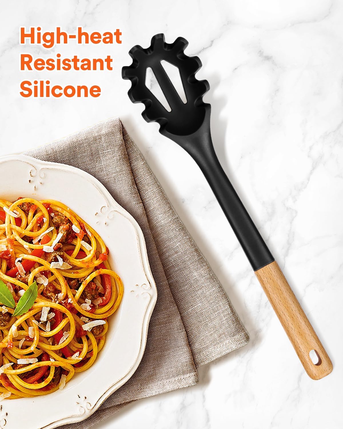 Silicone Pasta Fork, Kitchen Heat Resistant Noodle Spoon Server, BPA Free Spaghetti Strainer,12.8 inch