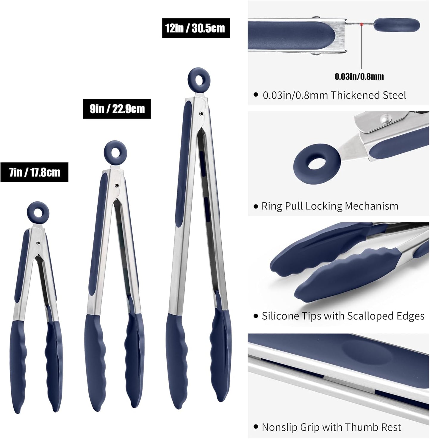 Doosu Kitchen Tongs for Cooking - 600°F Heat Resistant Food Tong Set with Non-Scratch Silicone Tips, Heavy Duty Stainless Steel Locking Tong for BBQ, Grilling Steak, Serving (7+9+12in, Navy Blue)