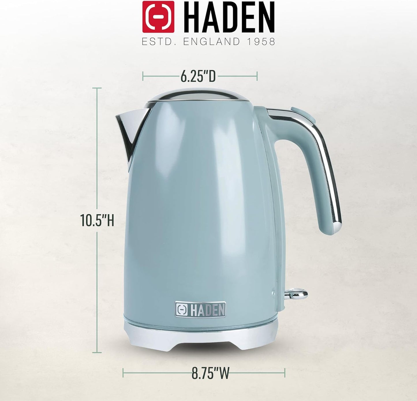 Haden Brighton Electric Kettle, Cordless 1.7 Liter Hot Water Boiler with Chrome Accents, Retro Style, and Auto Shut Off, Sky Blue