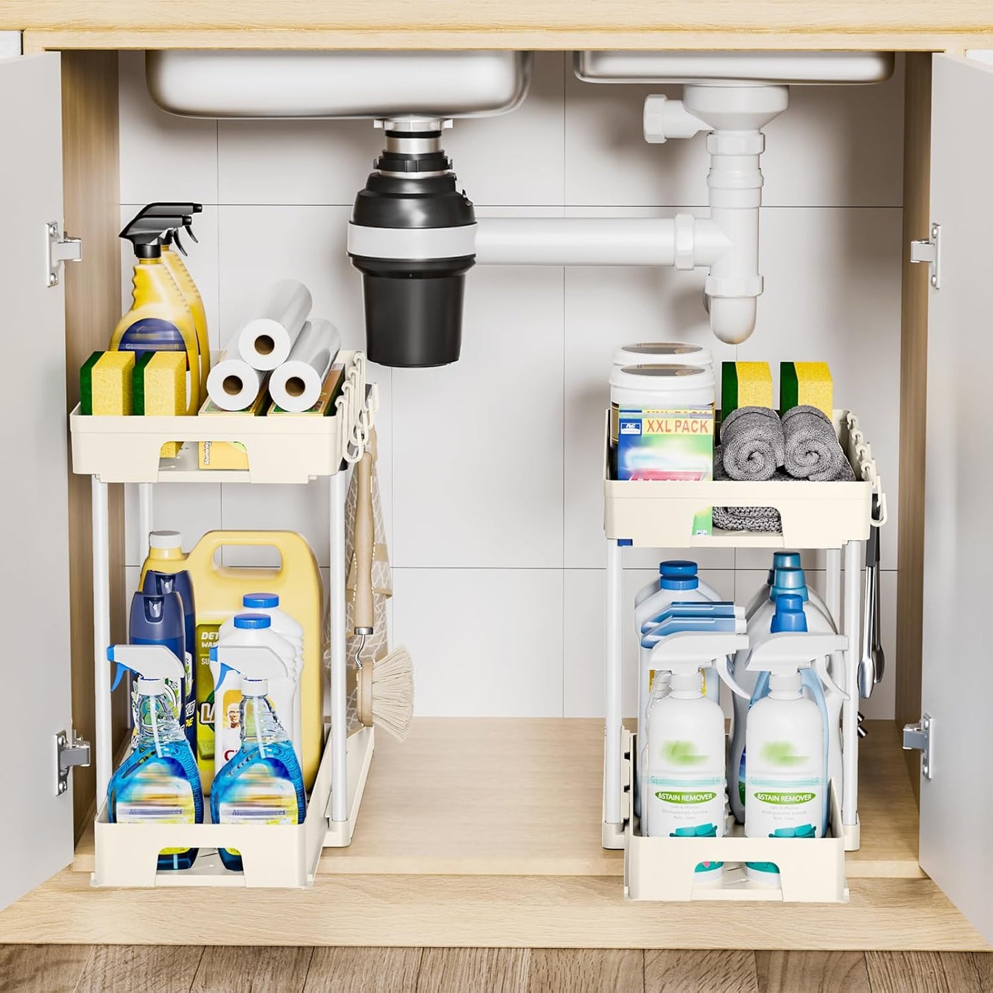 Delamu Under Sink Organizers and Storage, 2 Pack Pull Out Kitchen Bathroom Cabinet Organizer, 2 Tier Beige Under Sink Storage for Bathroom Kitchen